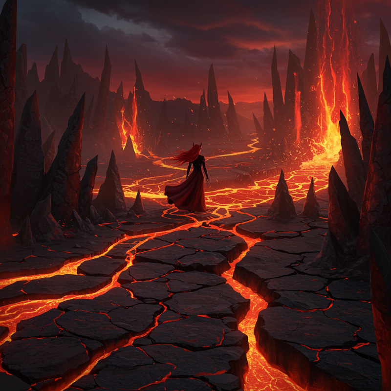 Rugged Hellscape: Girl in a Fiery Landscape