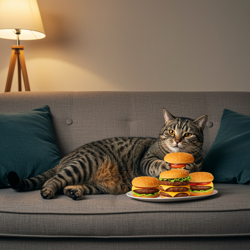 Chubby Tabby Cat Feasting on Burgers Chubby Tabby Cat Feasting on Burgers