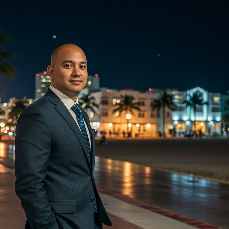 Latino Man in Business Suit at Miami Beach by Night