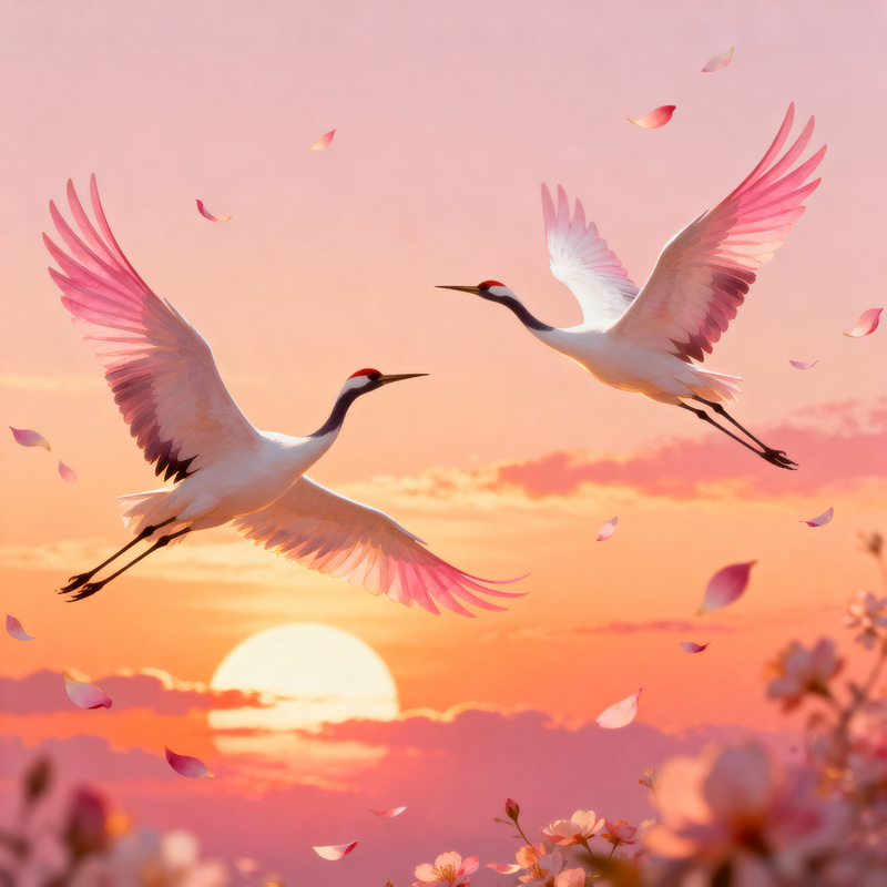 Elegant Flying Cranes with Sunset & Flowers Elegant Flying Cranes with Sunset & Flowers