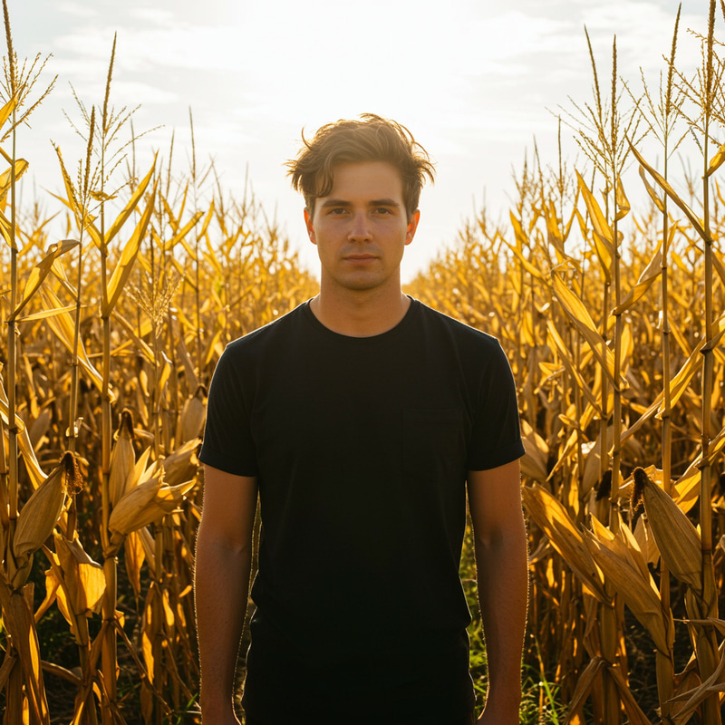 Man in Black Shirt Among Maize Plants Man in Black Shirt Among Maize Plants