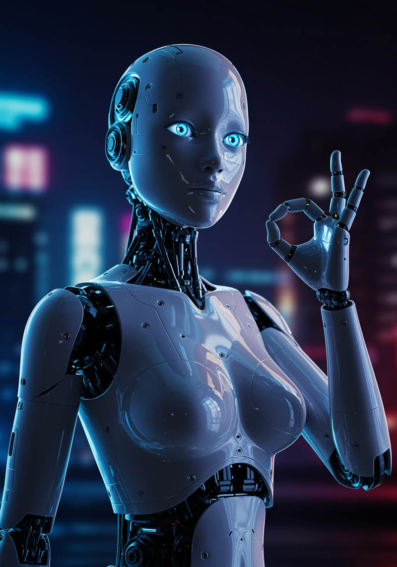 Futuristic Robot Girl Making OK Gesture Futuristic Robot Girl Making OK Gesture
