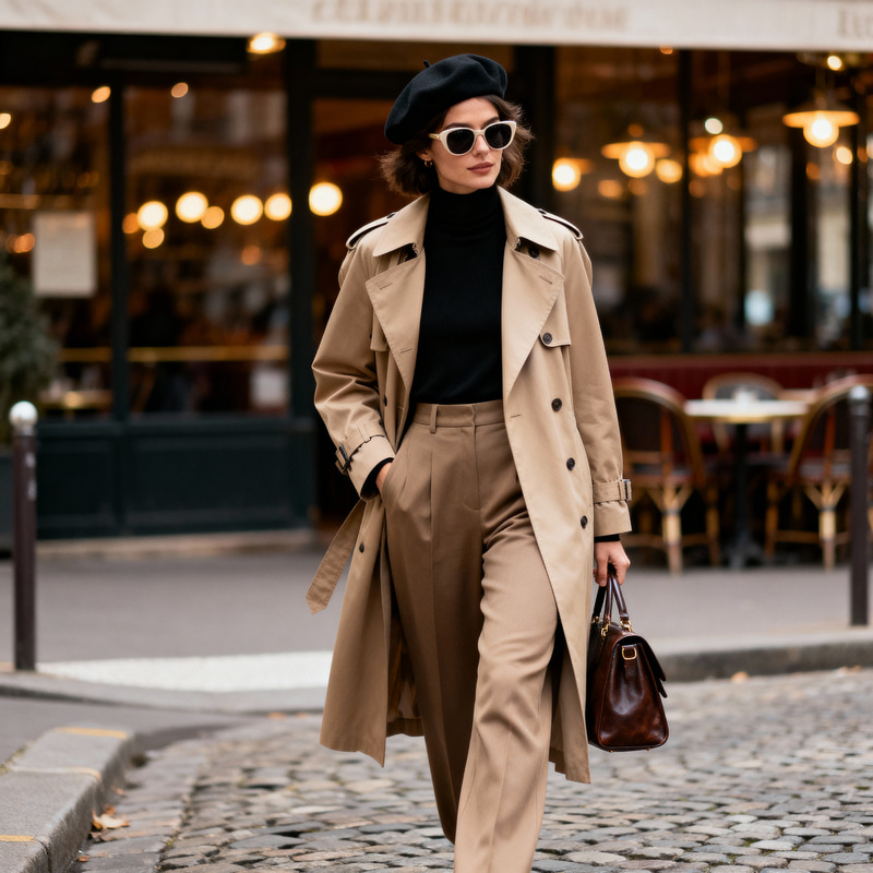 Chic Parisian Style: Fashion Portrait in Beige Trench Coat Chic Parisian Style: Fashion Portrait in Beige Trench Coat