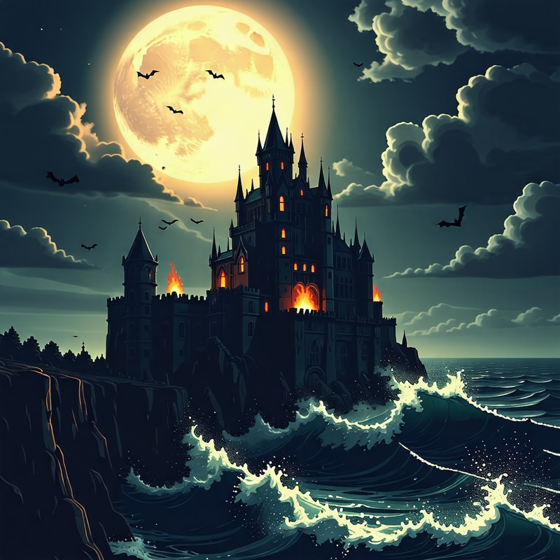Spooky Haunted Castle by Cliff - Gothic Moonlit Scene Spooky Haunted Castle by Cliff - Gothic Moonlit Scene