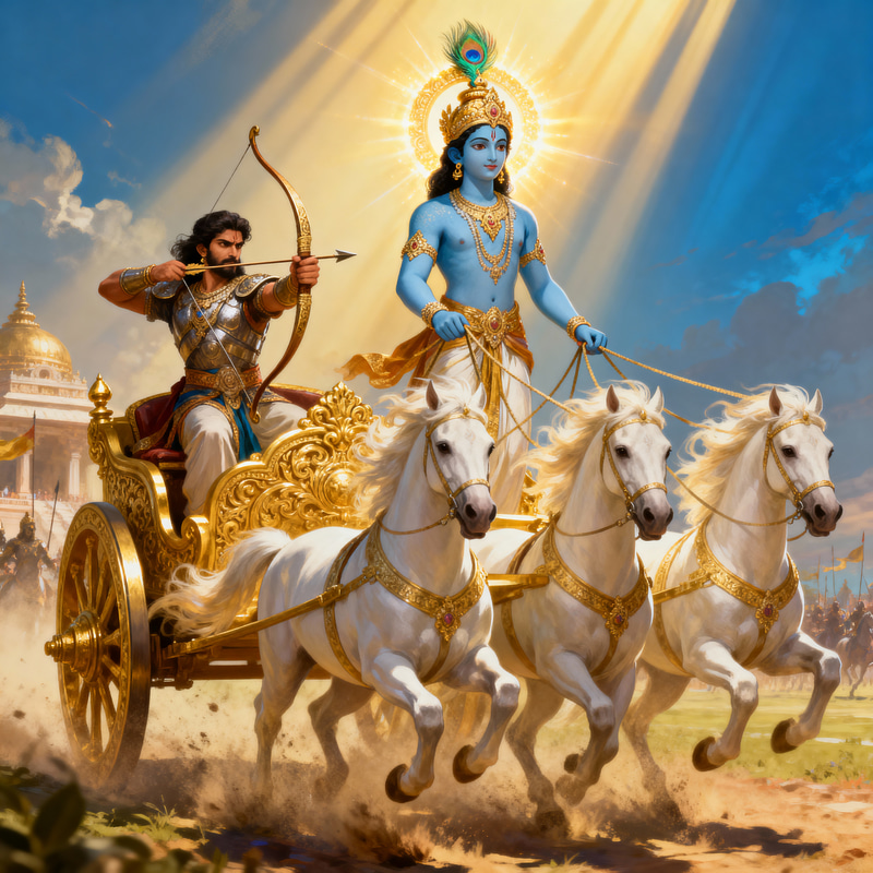 Krishna Driving Arjuna's Golden Chariot Illustration