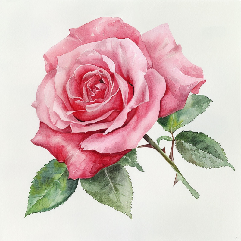 Watercolor Pink Rose with Green Foliage Art Watercolor Pink Rose with Green Foliage Art
