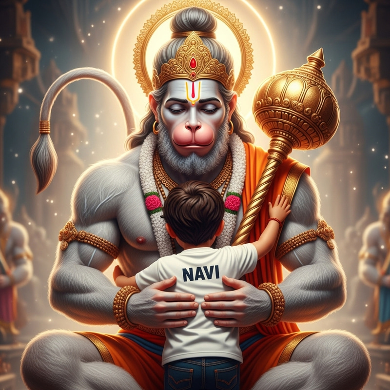 Young Boy's Heartwarming Embrace with Lord Hanuman Young Boy's Heartwarming Embrace with Lord Hanuman