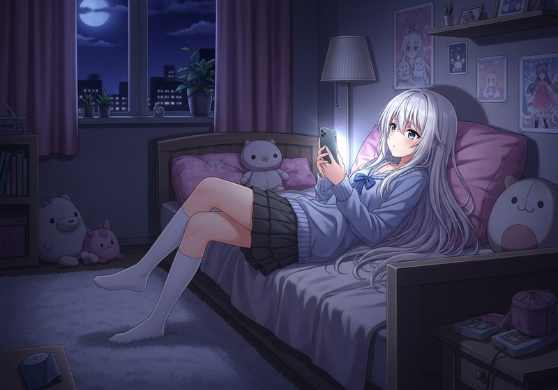 Anime Girl with White Hair Holding Cellphone at Night