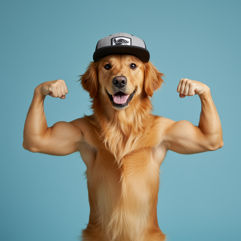 Dog Lifting Weights in a Baseball Cap Dog Lifting Weights in a Baseball Cap