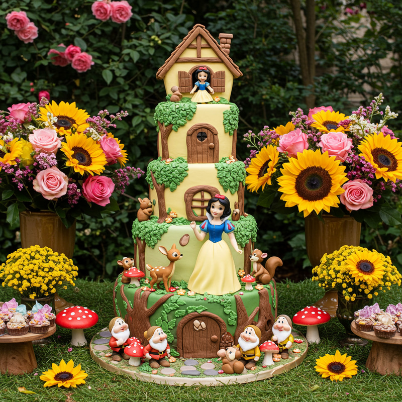 Snow White and the Seven Dwarfs Cake in Garden Snow White and the Seven Dwarfs Cake in Garden