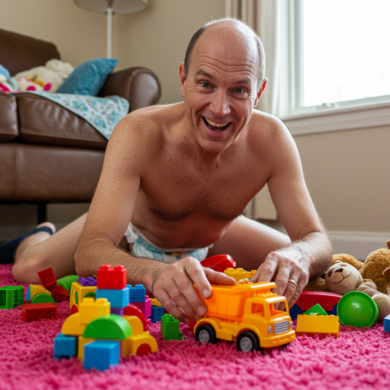 Bald Man in Diaper Enjoying Playtime Bald Man in Diaper Enjoying Playtime