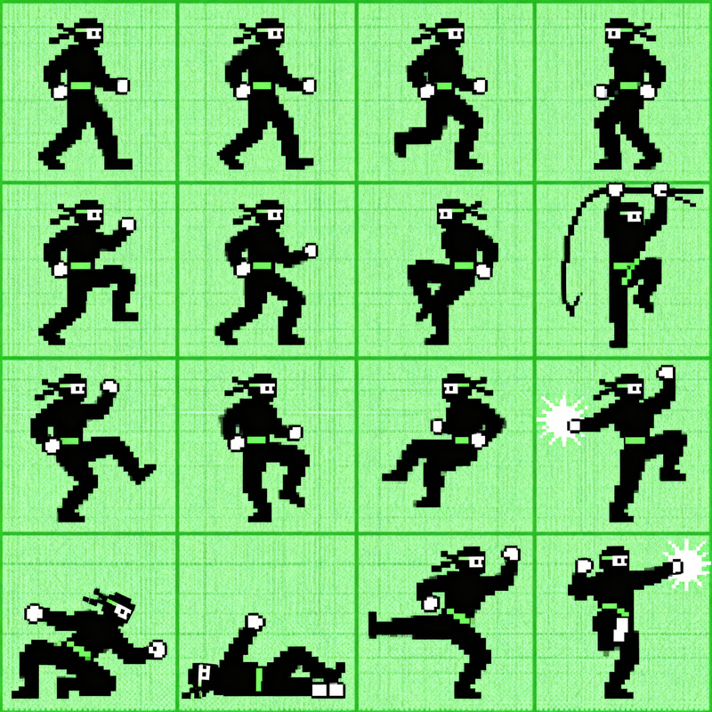 Ninja Sprite Sheet - 4 Way Low Res Arcade Sprites Ninja Sprite Sheet - 4 Way Low Res Arcade Sprites