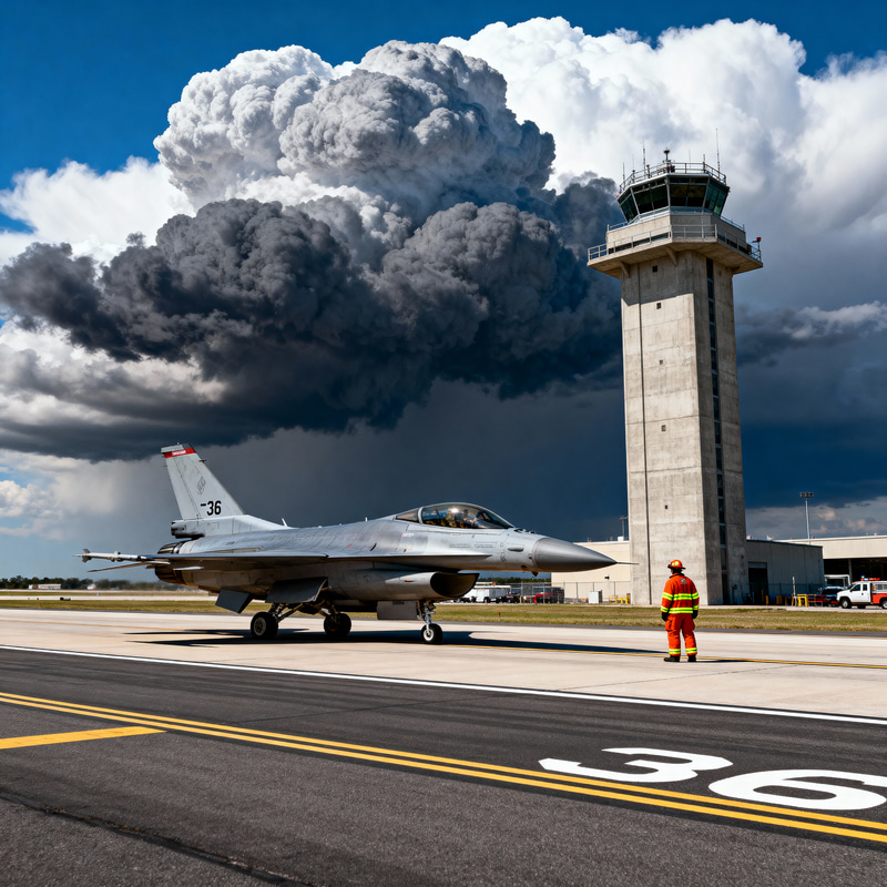 Air Traffic Control Tower with F-16 and Cumulonimbus Cloud Air Traffic Control Tower with F-16 and Cumulonimbus Cloud
