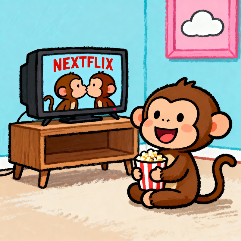 Cute Cartoon Monkey Enjoying Popcorn and TV Fun Cute Cartoon Monkey Enjoying Popcorn and TV Fun