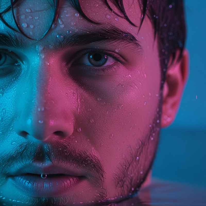 Hyper-Realistic Young Man's Portrait in Neon Light Hyper-Realistic Young Man's Portrait in Neon Light