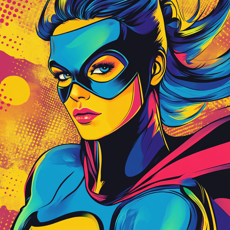 Dynamic Female Superhero Illustration in Pop Art Style Dynamic Female Superhero Illustration in Pop Art Style