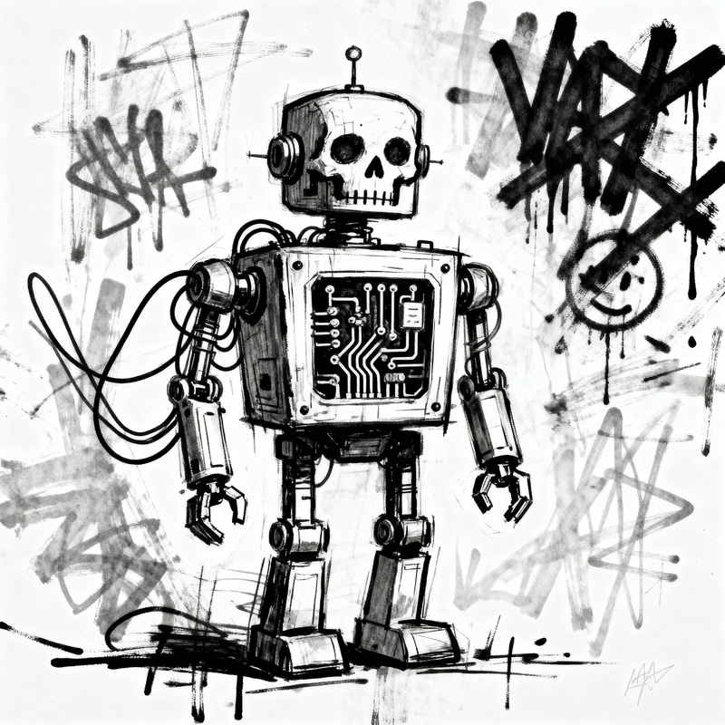 Retro Robot Drawing - Black & White Basquiat Style Retro Robot Drawing - Black & White Basquiat Style