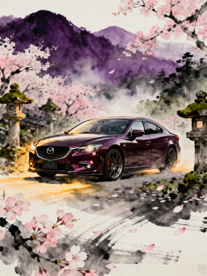 Dark Plum Mazda 6 GH in Serene Japanese Setting Dark Plum Mazda 6 GH in Serene Japanese Setting