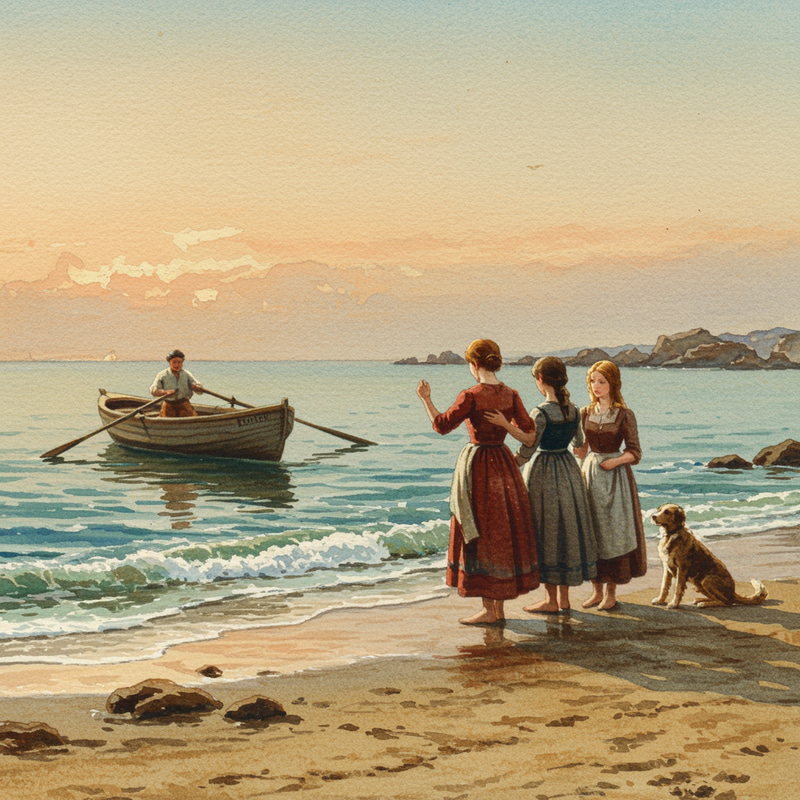 Melancholic Watercolor Painting of Sea Farewell Scene Melancholic Watercolor Painting of Sea Farewell Scene