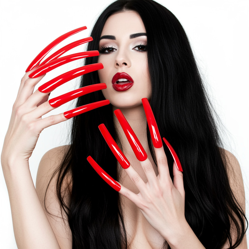 Stunning Red 12-Inch Fingernails & Long Hair Look Stunning Red 12-Inch Fingernails & Long Hair Look