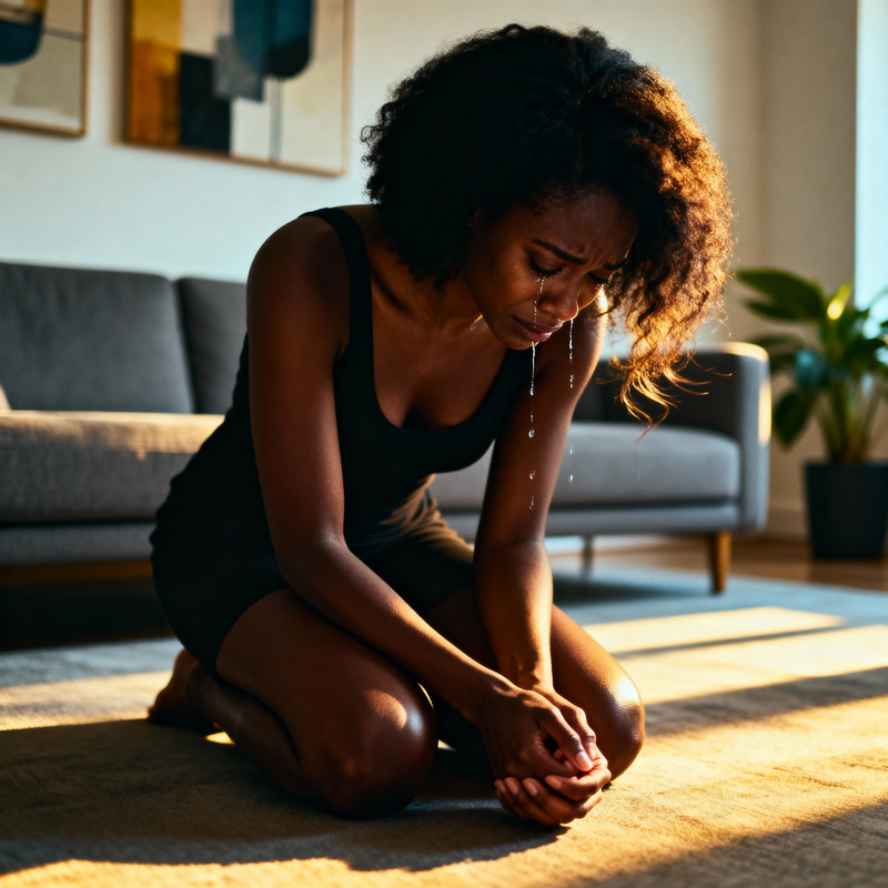 Emotional Moment: African American Woman in Living Room