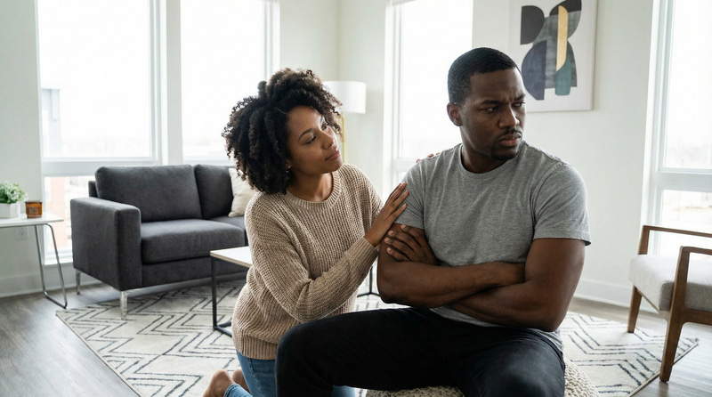 Calming Anger: Supportive Wife's Embrace Calming Anger: Supportive Wife's Embrace