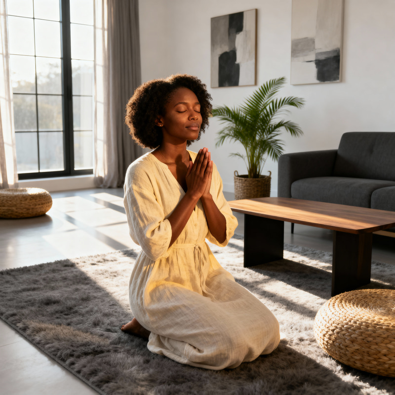 Beautiful African American Woman Praying at Home