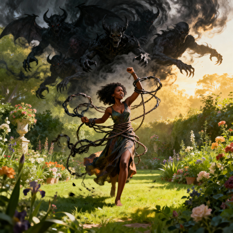 African American Woman Breaks Free in Enchanted Garden African American Woman Breaks Free in Enchanted Garden