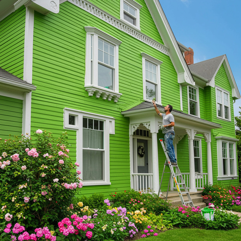 Painter Transforming a House with Green Hue Painter Transforming a House with Green Hue