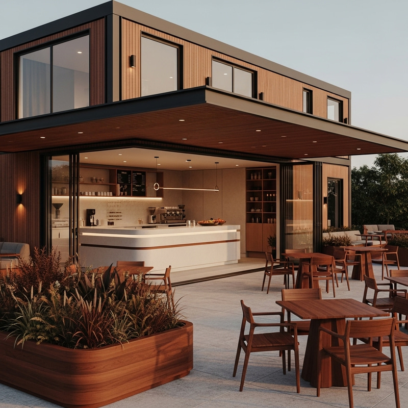 Modern Outdoor Coffee Shop Design in Brown Shades
