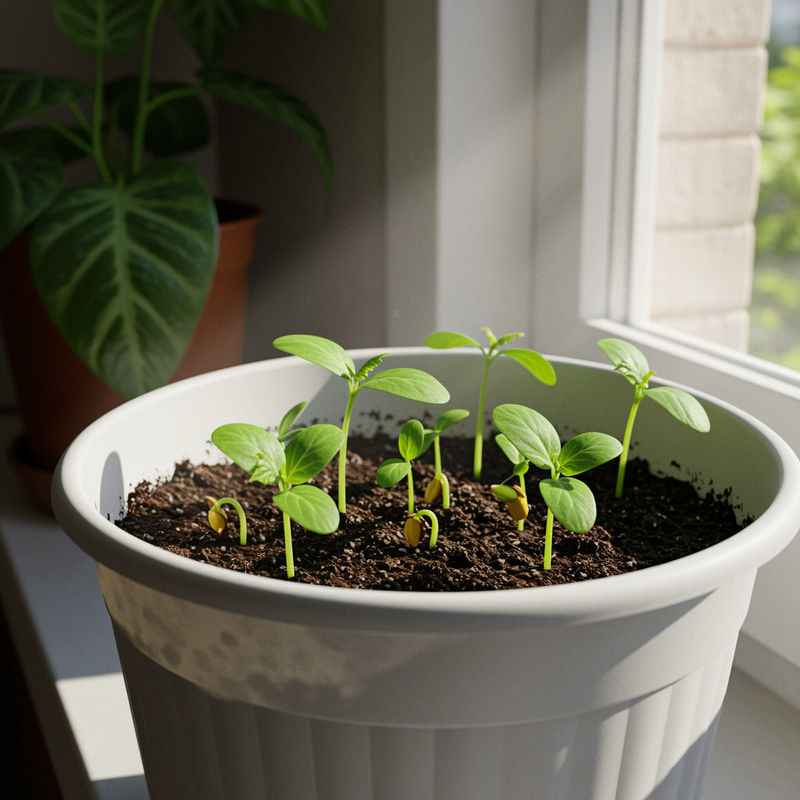 Realistic Cucumber Seedlings in a White Pot Realistic Cucumber Seedlings in a White Pot