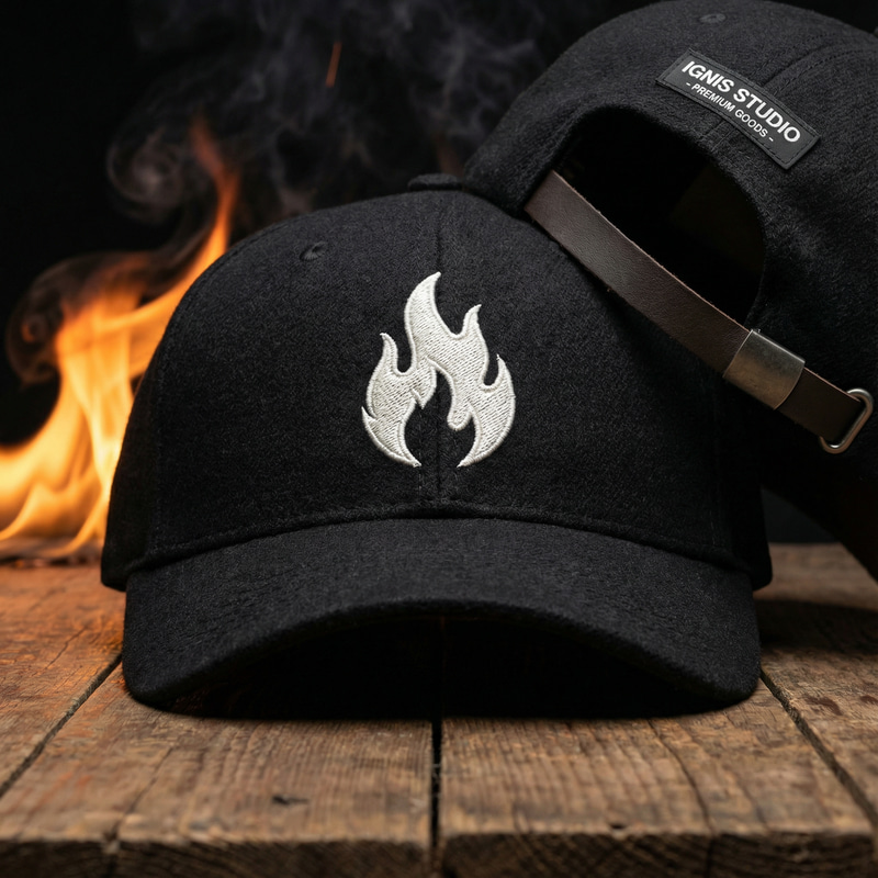 Premium Black Cap with White Flame Logo