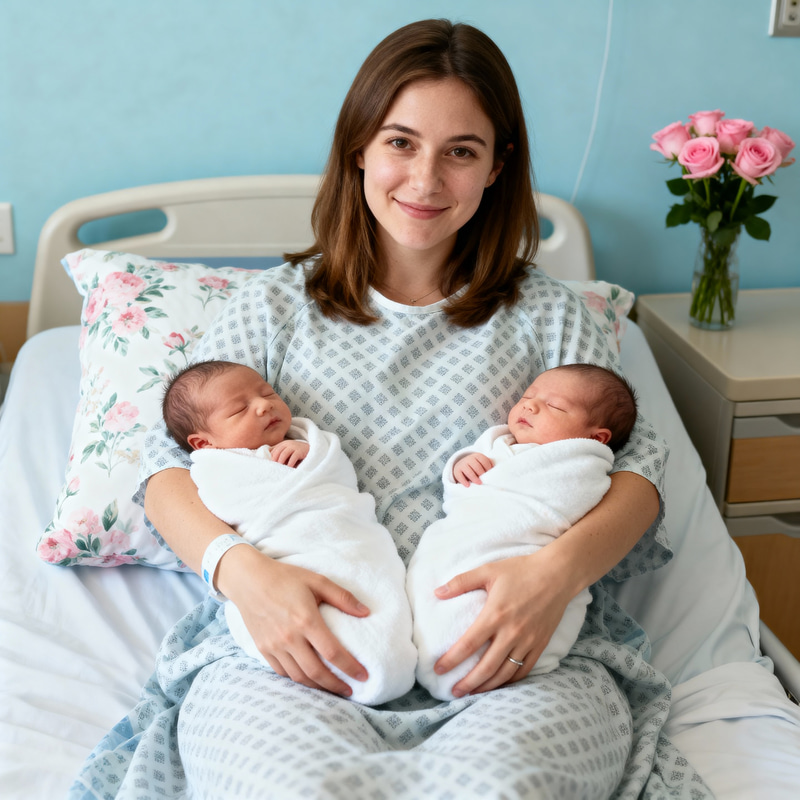Young Mom with Twin Newborn Girls in Hospital Young Mom with Twin Newborn Girls in Hospital