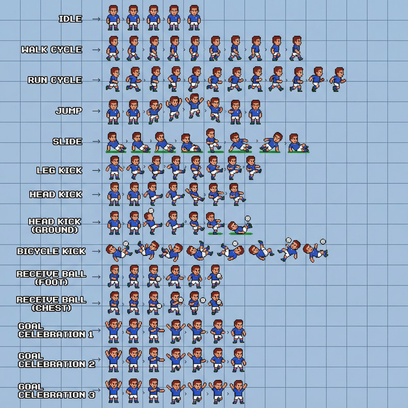 Soccer Sprite Sheet: Pixel Art Animation Frames Soccer Sprite Sheet: Pixel Art Animation Frames