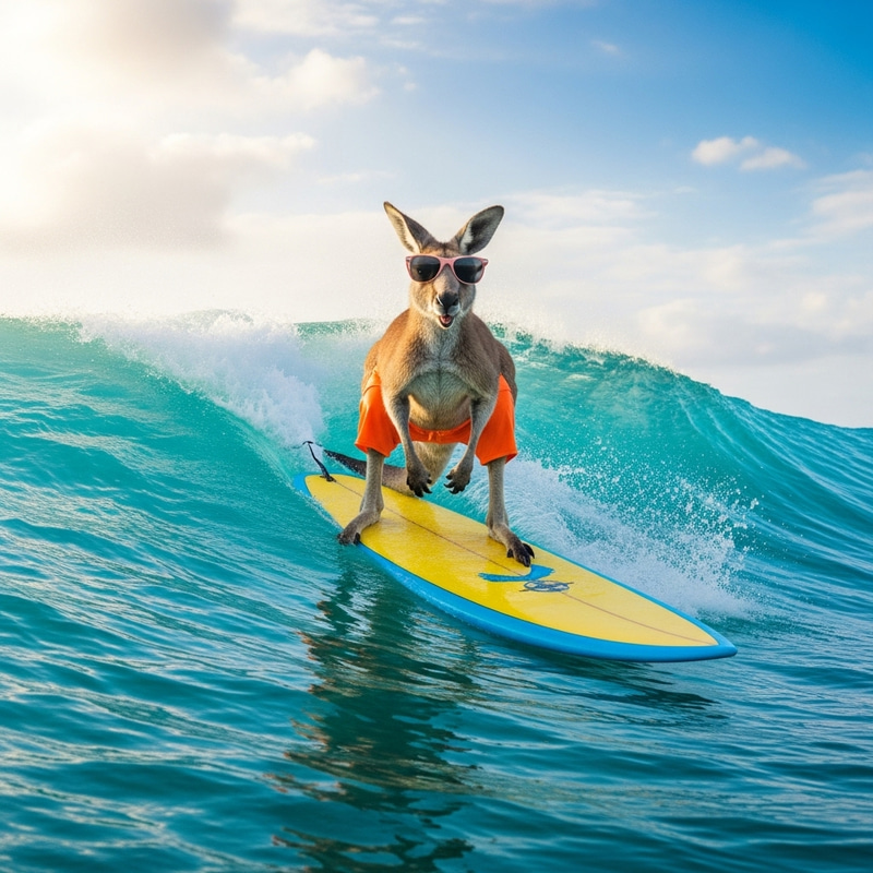 Surfing Kangaroo in Sunglasses and Swimwear