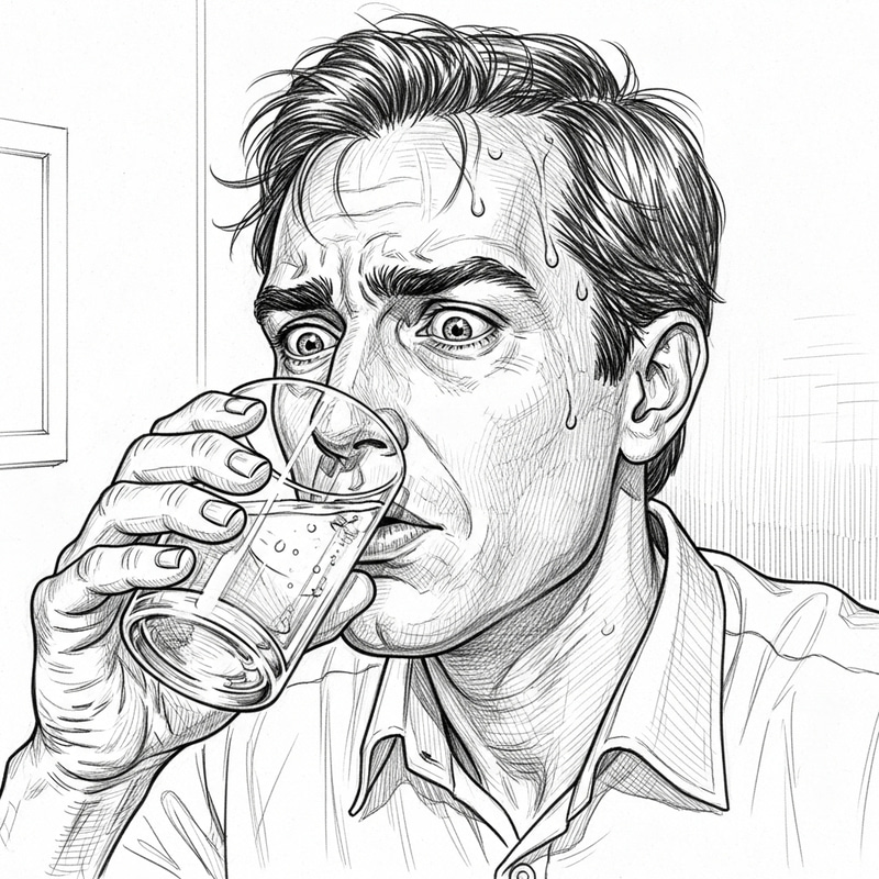 Nervous Men Drinking Water with Pencils