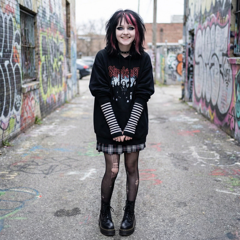 Trendy Emo Girl with Pink Streaks and Blue Eyes