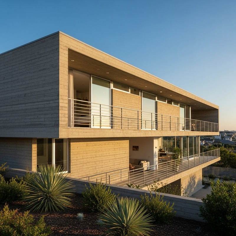 Modern East-Facing Concrete House with Balconies Modern East-Facing Concrete House with Balconies