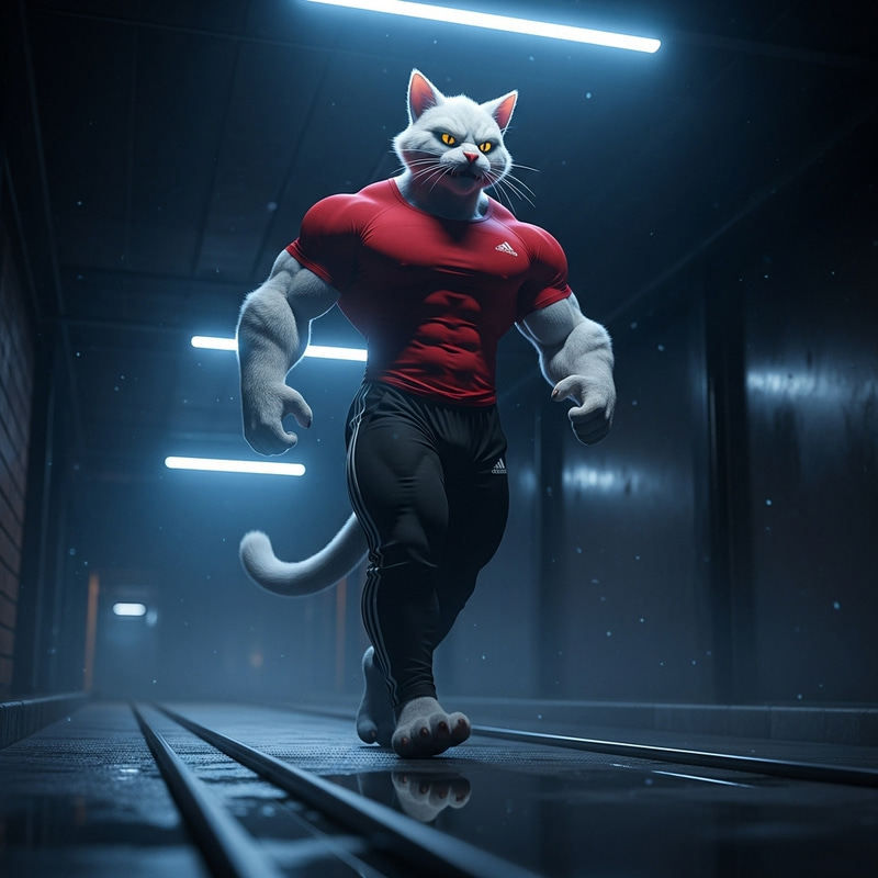 Fierce Muscular White Cat in Dark Urban Alley Fierce Muscular White Cat in Dark Urban Alley