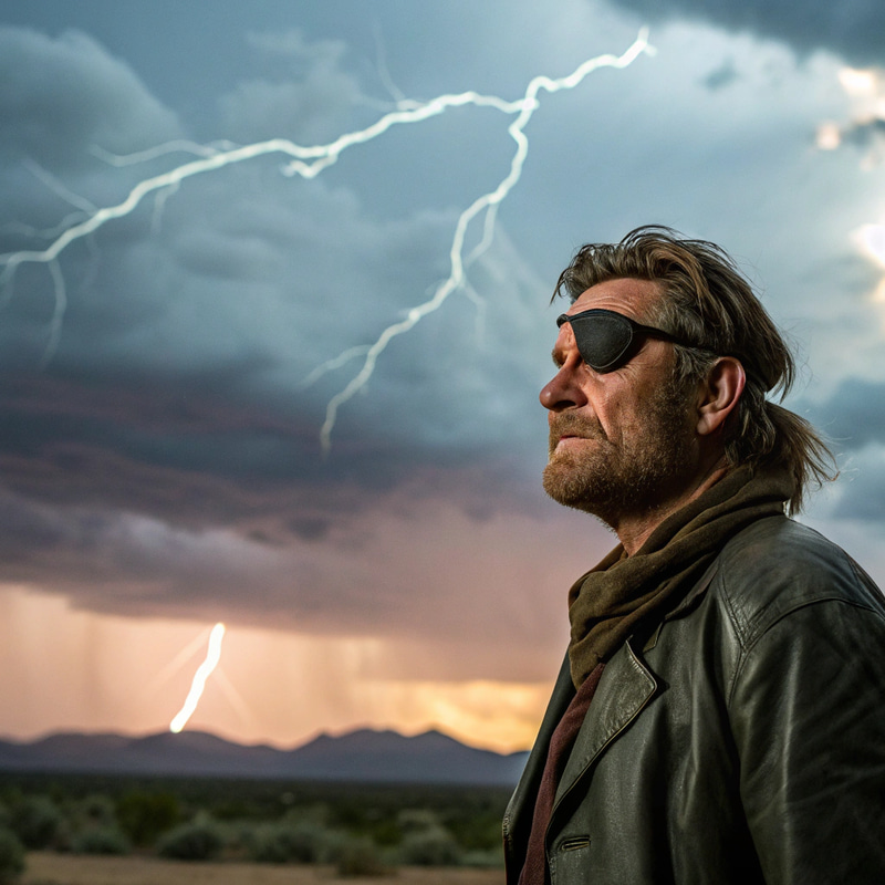 Man with Eye Patch and Lightning Background Man with Eye Patch and Lightning Background