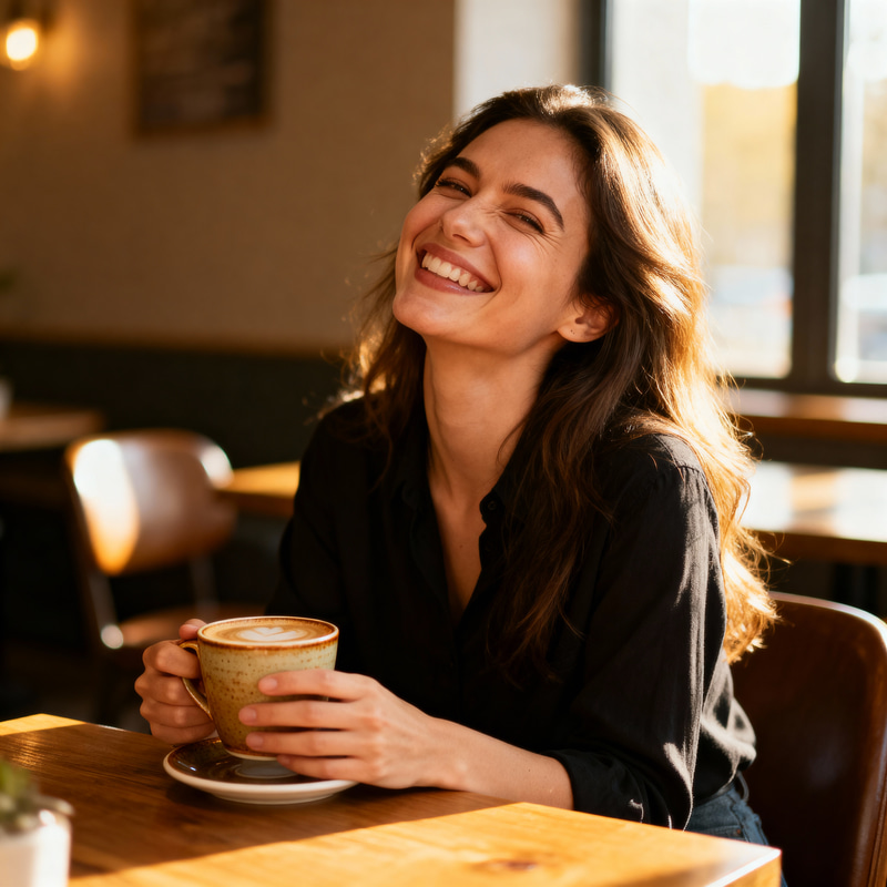 Woman with a Bright Smile Enjoying Coffee