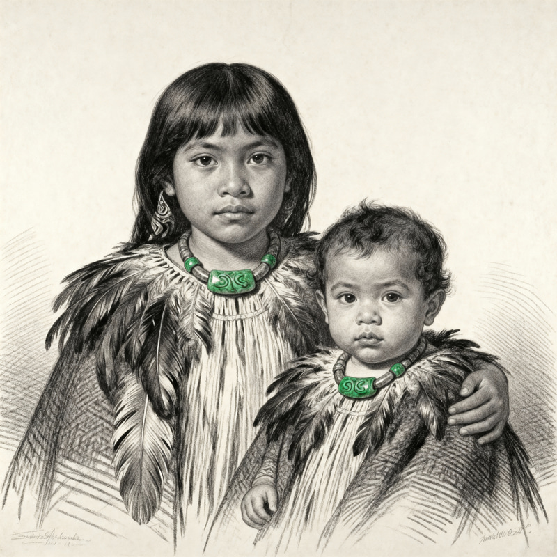 Māori Siblings Graphite Sketch | Renaissance Style Art