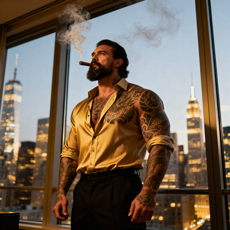 Elegant Urban Hero: Muscular Man by Skyline Window