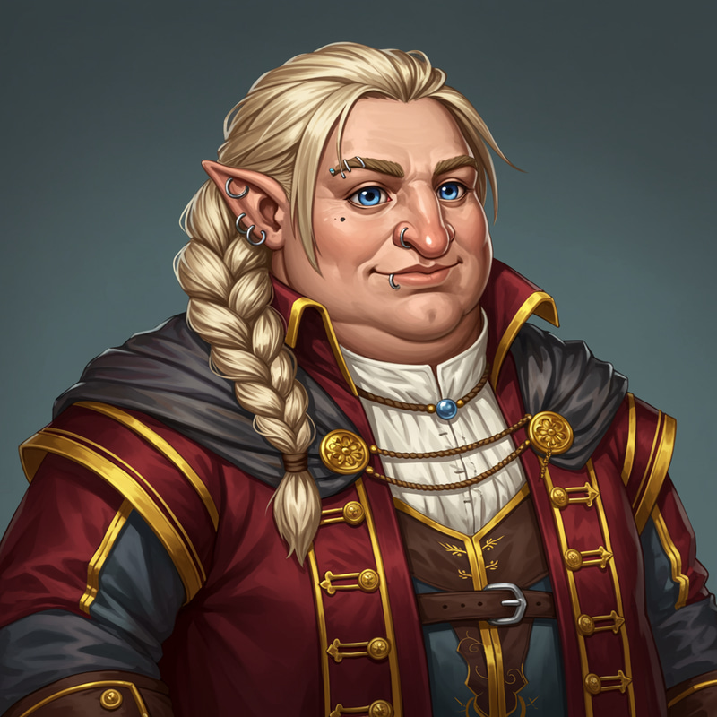 Chubby Halfling in Red-Gold Attire Chubby Halfling in Red-Gold Attire