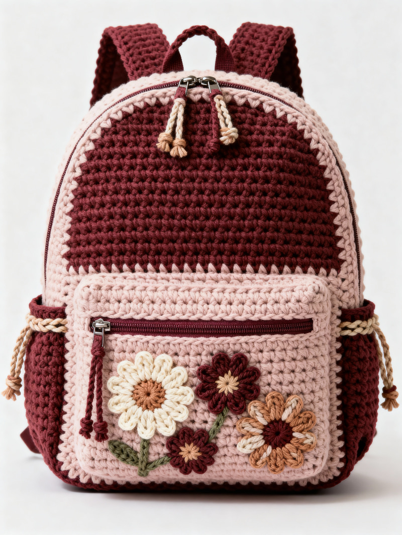 Stylish Crochet Backpack with Zipper and Daisies