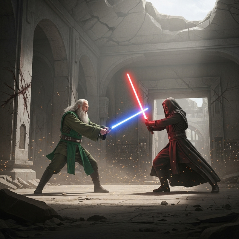 Jedi Knight vs Sith in Ruined Temple Showdown Jedi Knight vs Sith in Ruined Temple Showdown
