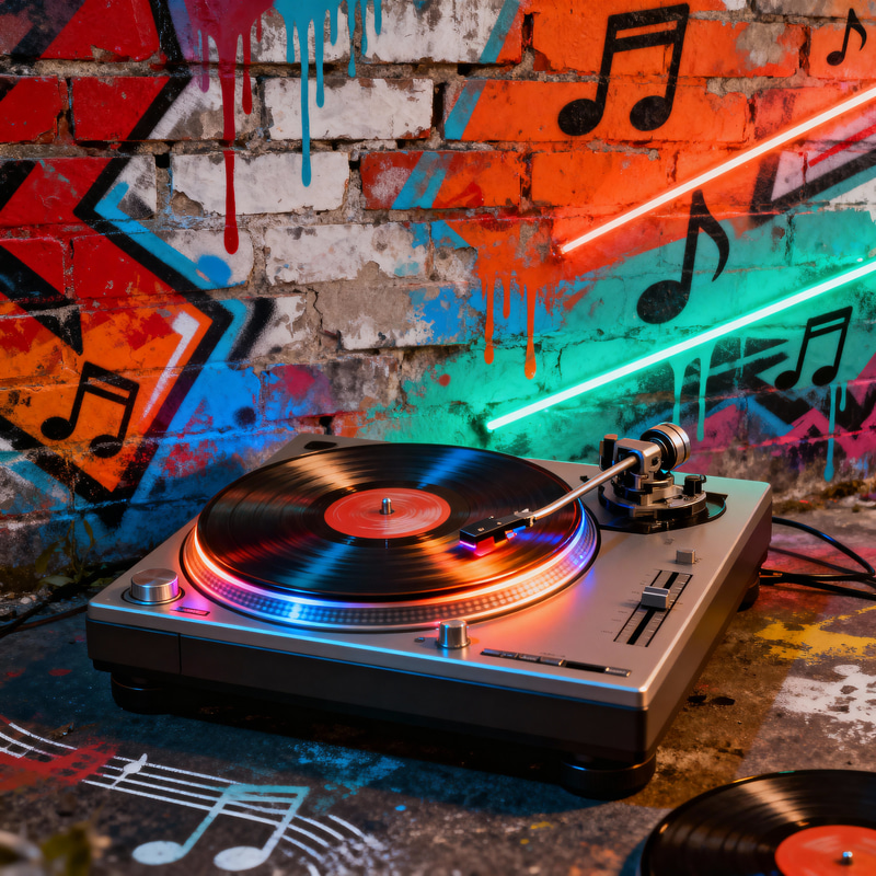 Vibrant Graffiti Wall & DJ Turntables Vibrant Graffiti Wall & DJ Turntables