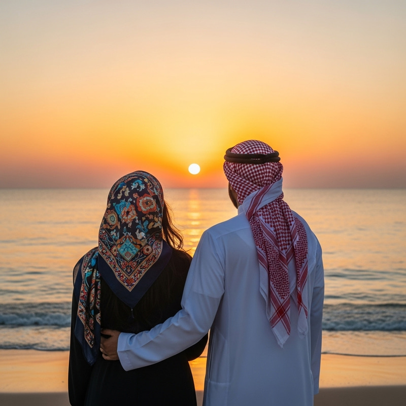 Romantic Sunset Beach View with Muslim Couple Romantic Sunset Beach View with Muslim Couple