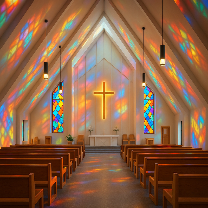 Stunning Church Interior with Stained Glass Reflections Stunning Church Interior with Stained Glass Reflections