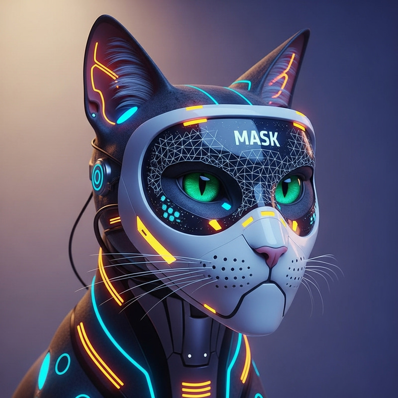 Futuristic Cat with Digital Mask and Glowing Eyes Futuristic Cat with Digital Mask and Glowing Eyes